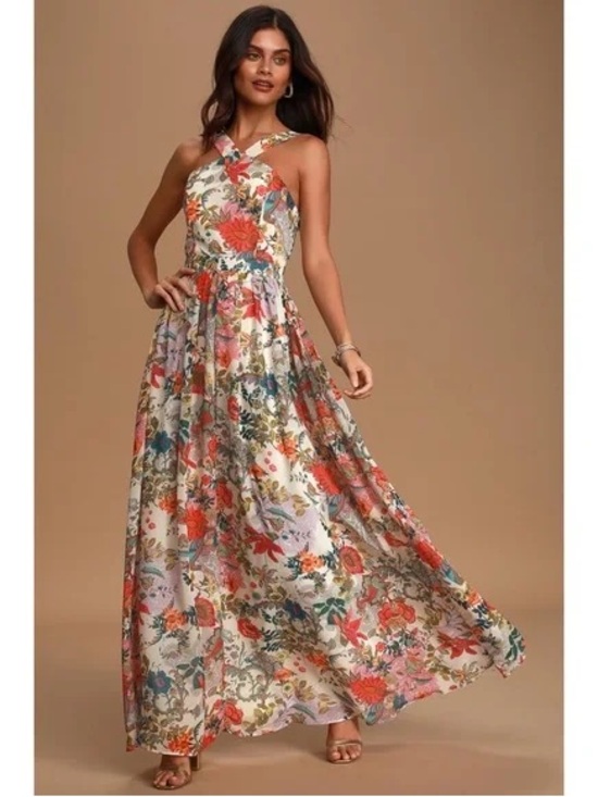 Lulus Dresses & Skirts - New! Lulu's Lilja Cream Floral Print Halter Maxi Dress Sz L